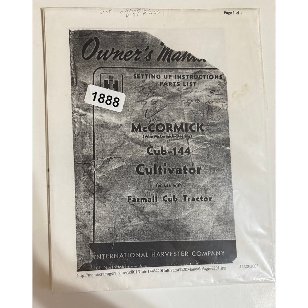 International Harvester McCormick Cub -144 Cultivator Farmall Cub Tractor Book